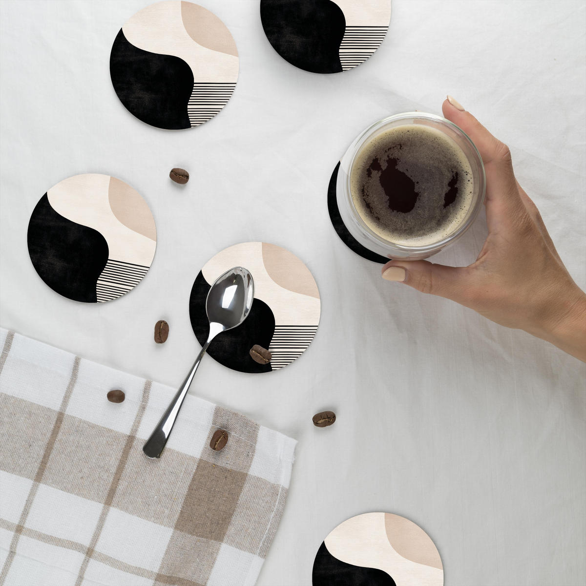 GLASUNTERSETZER 6er-Set Rund Abstrakt - Japandi - Beige - Modern 10x10 cm - Schwarz, Naturmaterialien (10/0.2cm) - MuchoWow