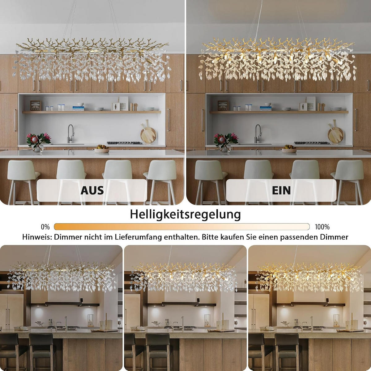 KRONLEUCHTER Rechteck 150 cm K9‑Kristall Baumzweig Gold für Esszimmer und Kücheninsel - Gelb, Naturmaterialien (114/31/29cm) - Surtime