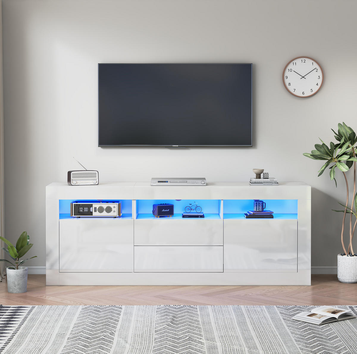 TV-SCHRANK aus Spanplatte 160x35x60 cm Weiß mit LED-Beleuchtung, App-Steuerung, Push-to-Open und Kabelmanagement - Weiß, Holzwerkstoff (160/60/35cm) - Modfu