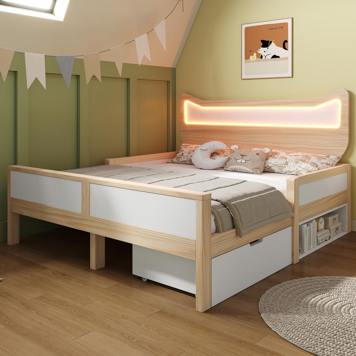 KINDERBETT 140/200 cm in Weiß & Eiche mit Schublade, Staufach und LED - Weiß, Holz/Holzwerkstoff (140/200cm) - WISHDOR