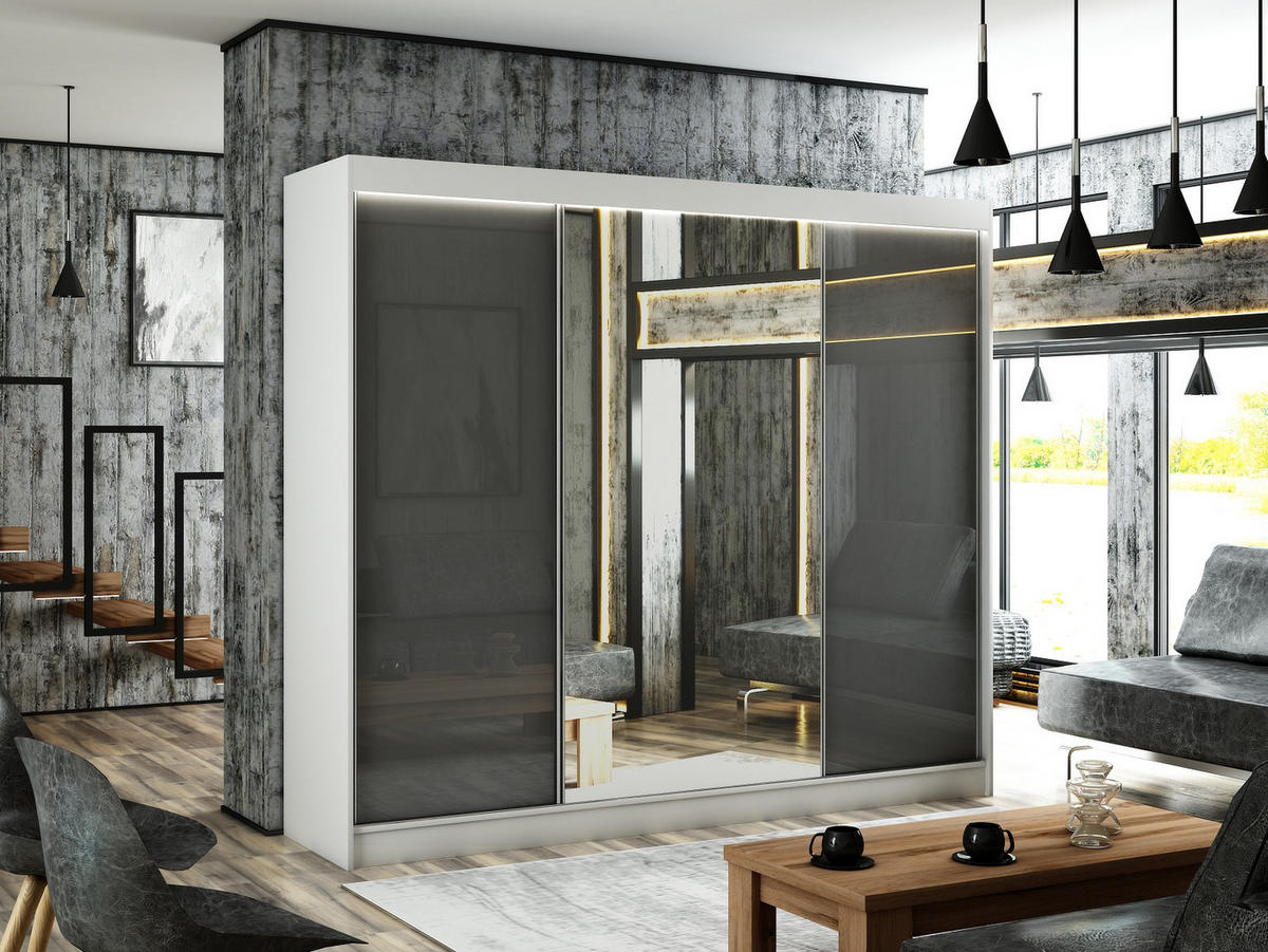 SCHIEBETÜRENSCHRANK ELIS - Weiß/Grau, Holzwerkstoff (250/215/61cm) - Meblini