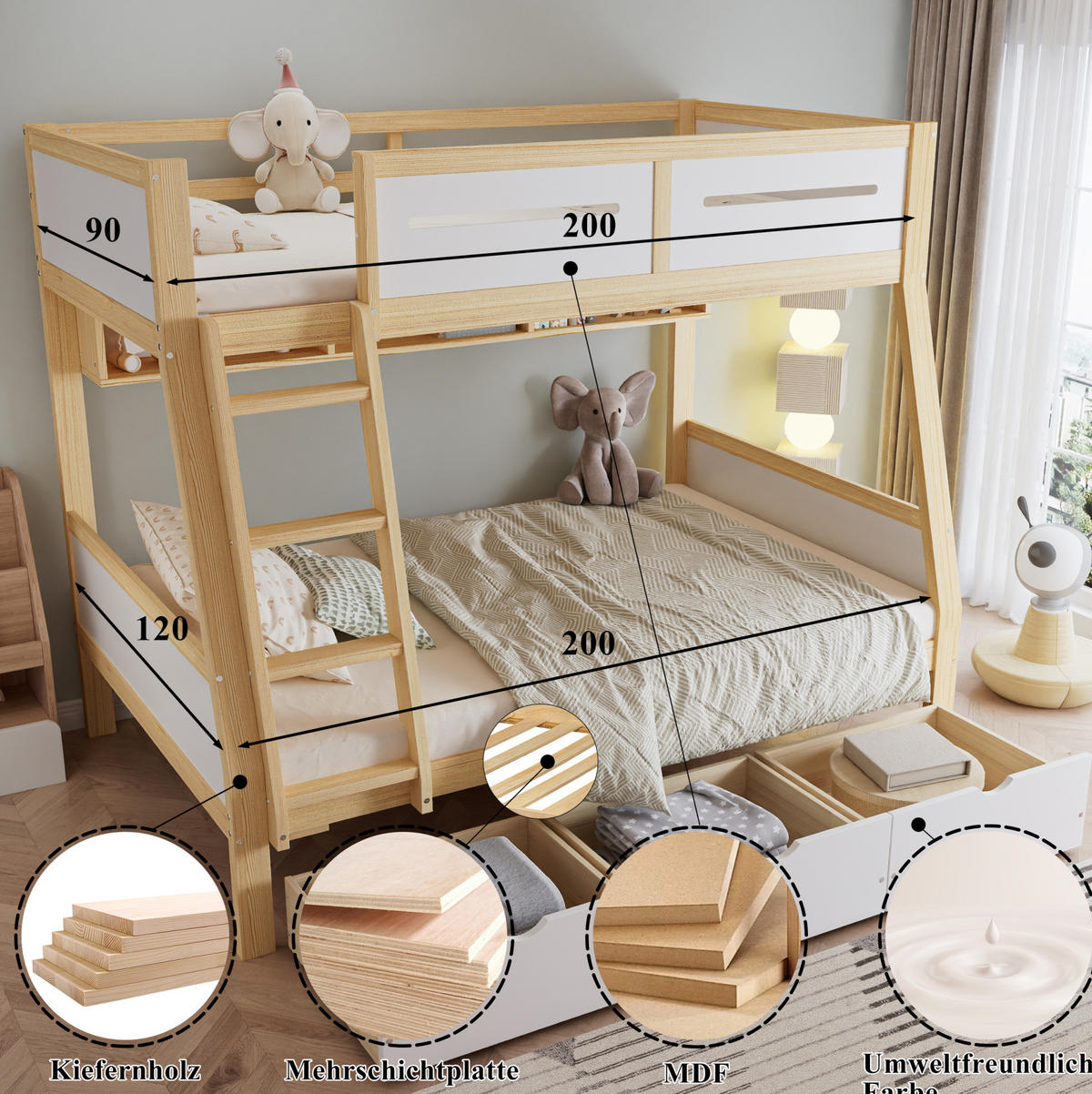 ETAGENBETT 90/200 cm und 120/200 cm mit 3 Schubladen, Bilderbuchregal und Trittleiter aus Kiefer/MDF, Weiß/Natur - Weiß, Holz (90/200cm) - Redom