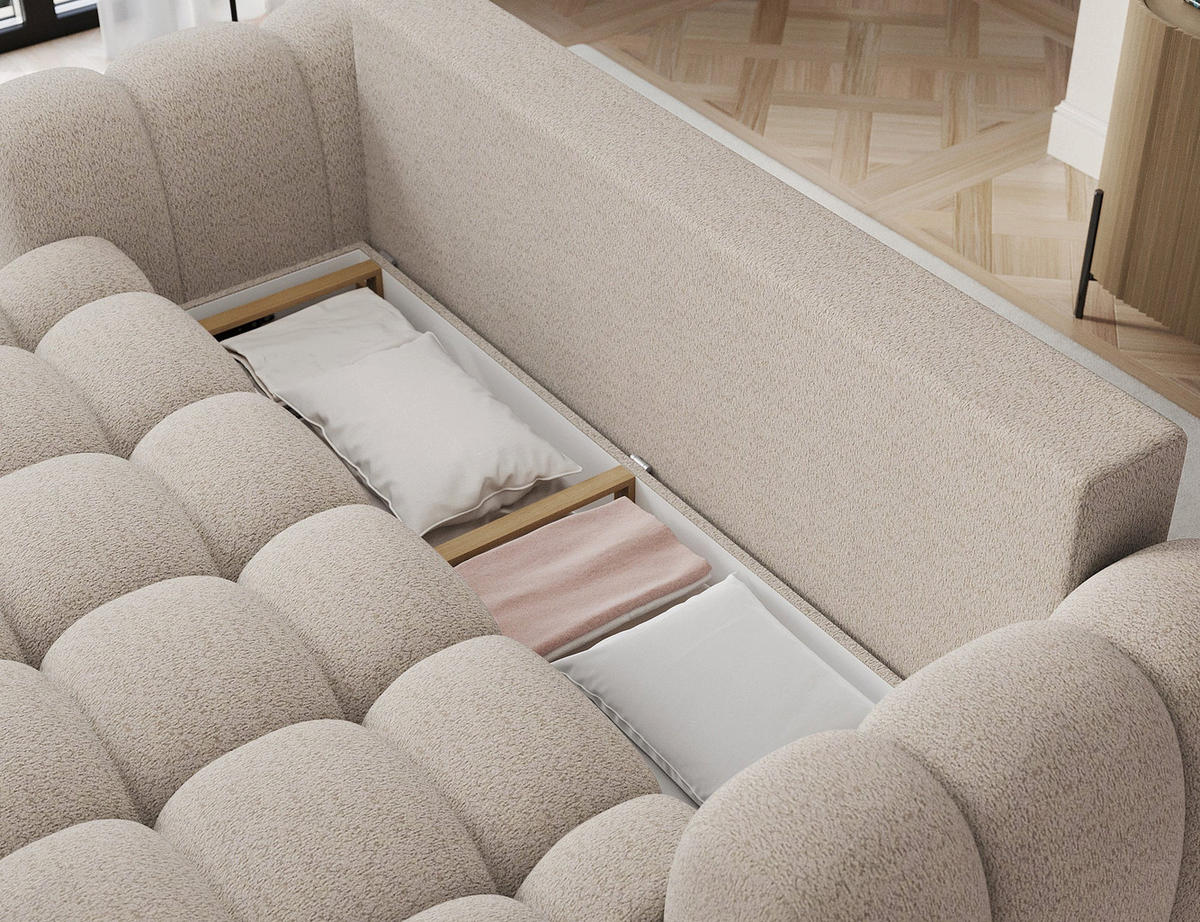SCHLAFSOFA COTONN 256 cm – Modernes 3-Sitzer Sofa mit Schlaffunktion, Bettkasten und Dekokissen - Beige, Kunststoff (256/119/105cm) - Wohnideebilder