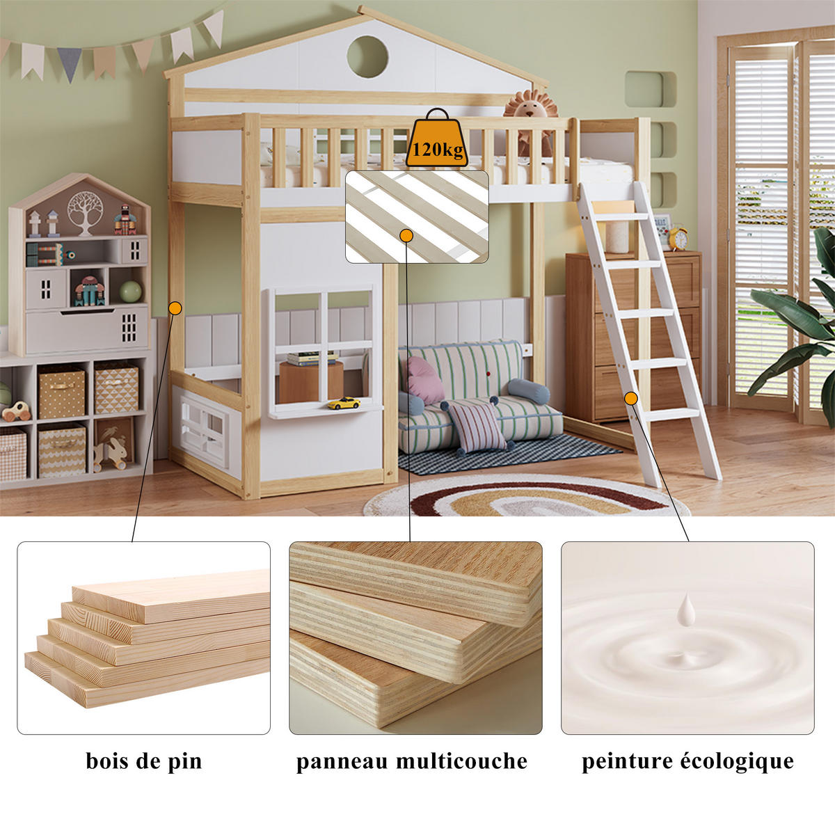 HAUSBETT Kiefer MDF 90/200 cm Weiß, Natur - Ahornfarben/Weiß, Holzwerkstoff - Raumix