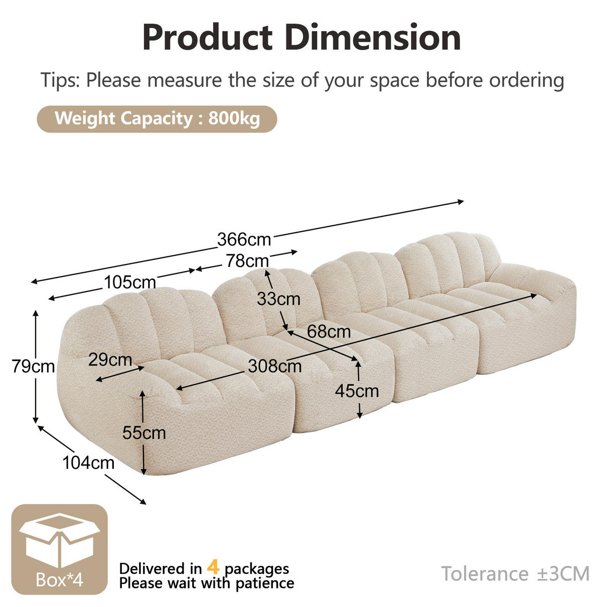 SOFA modular 4-Sitzer frameless Beige White - Beige, Kunststoff (104/79/366cm) - Meubliv