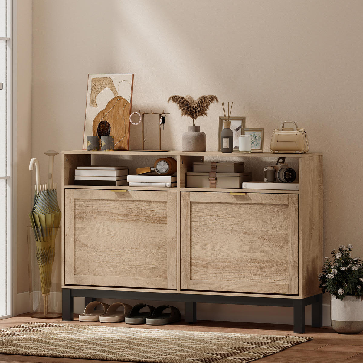SCHUHREGAL,2 Klapptüren verstellbare Böden für 8 Paar,walnussfarben - Braun, Holzwerkstoff (120/80/29cm) - Vallsero