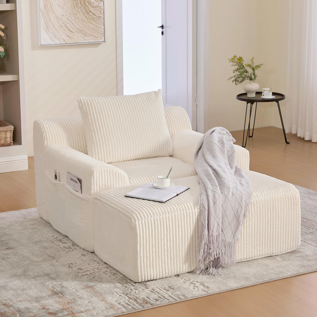 RELAXSESSELSET Übergroßer Loungesesselmit Fußhocker,Cord,Beige - Beige, Textil (110/87/147cm) - LVHOM