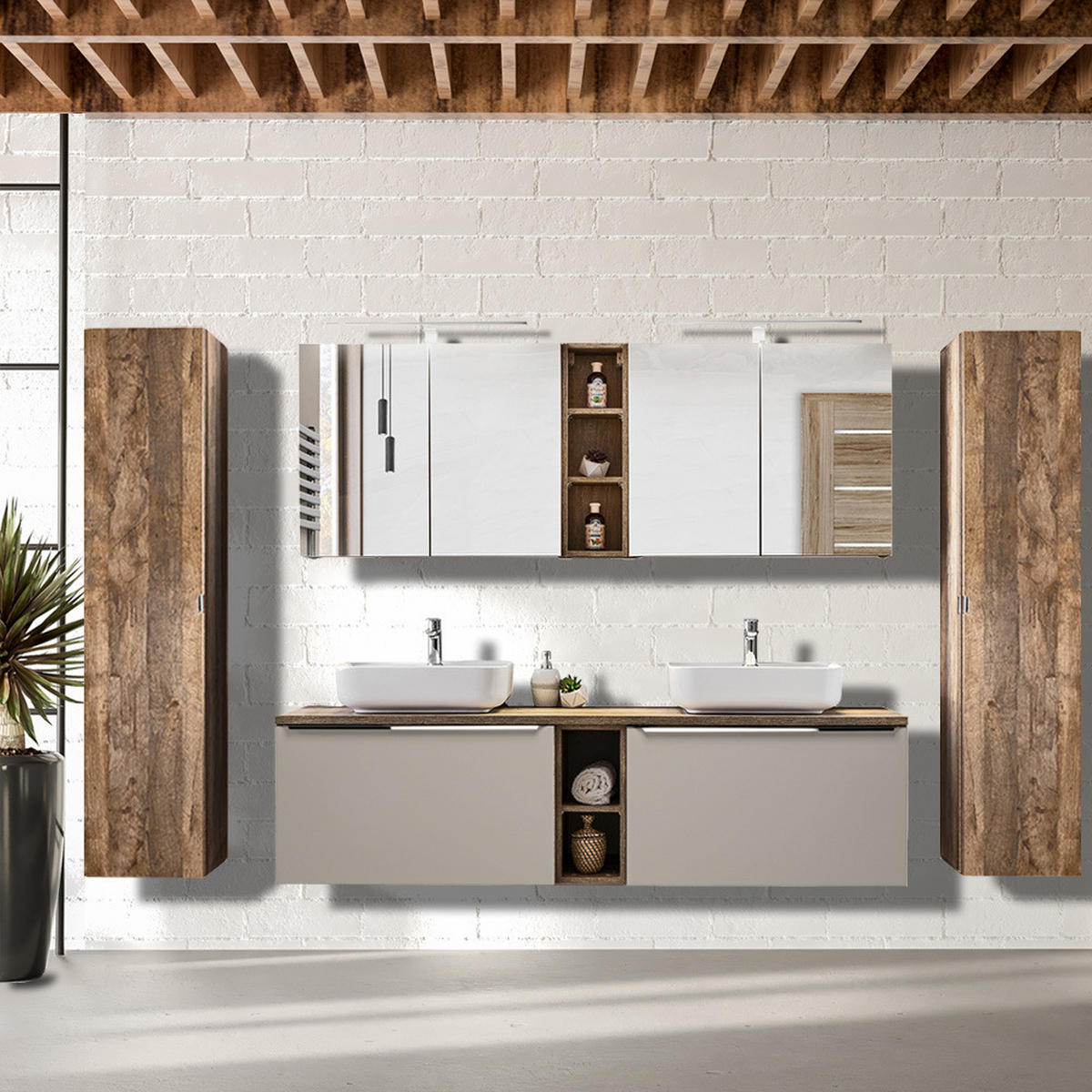 BADMÖBEL-SET 13-TLG. Puebla-56 - Beige, Holzwerkstoff (270/200/46cm) - Lomado