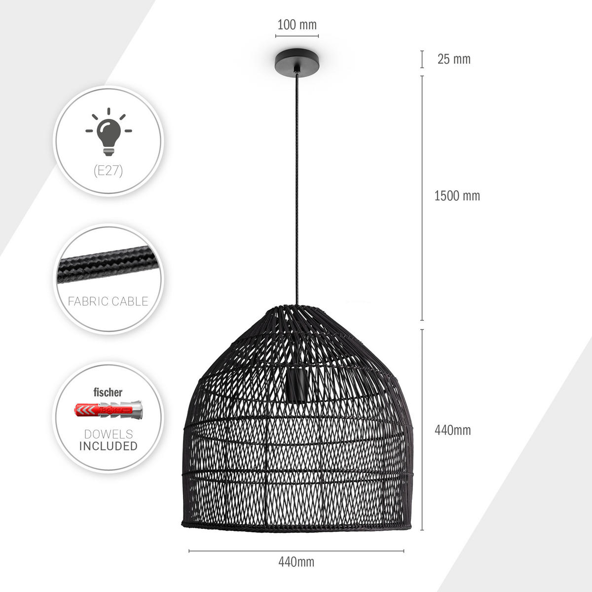 PENDELLEUCHTE Linnu - Schwarz, Metall (44/44/44cm) - Paco Home