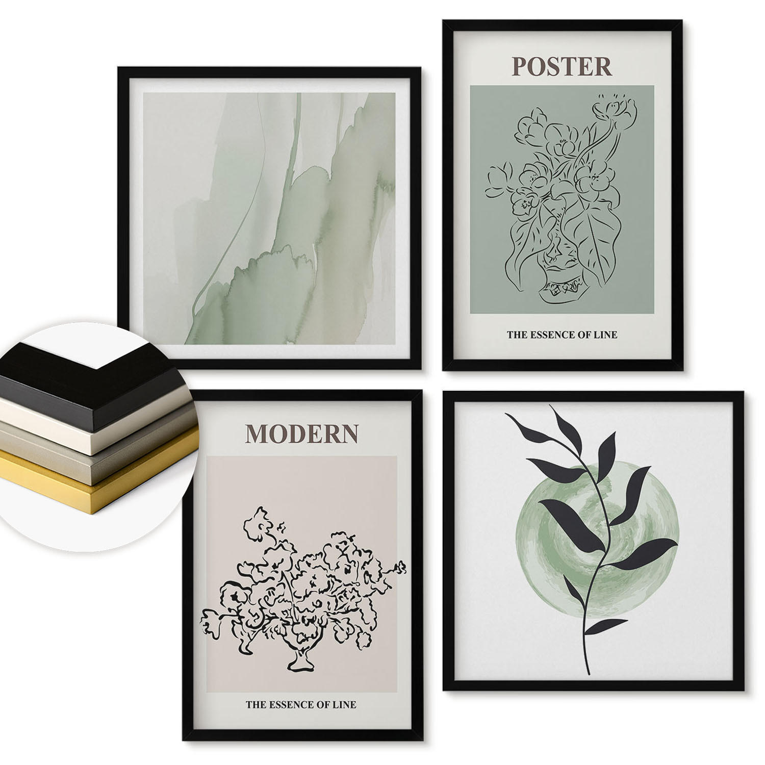 WANDBILDER 4er-Set - 50x50 cm & 40x60 cm Schwarzer Rahmen - Blumen in einer modernen Vase - Schwarz, Kunststoff (50/50cm) - ArtPrintCave
