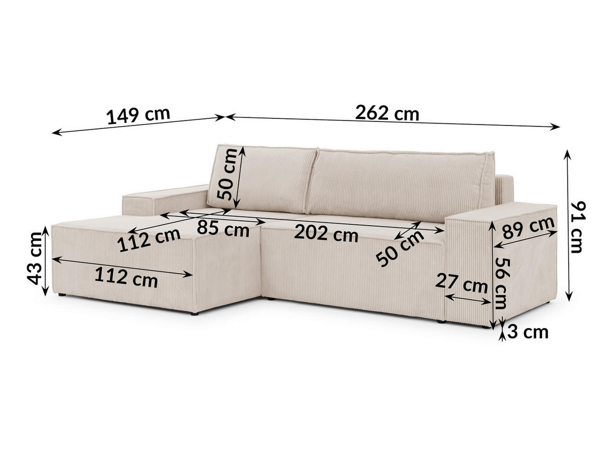 ECKSOFA Rivio mit Schlaffunktion und Bettkasten, Cordstoff Beige - Beige/Schwarz, Holz/Kunststoff (149/262cm) - S-Style
