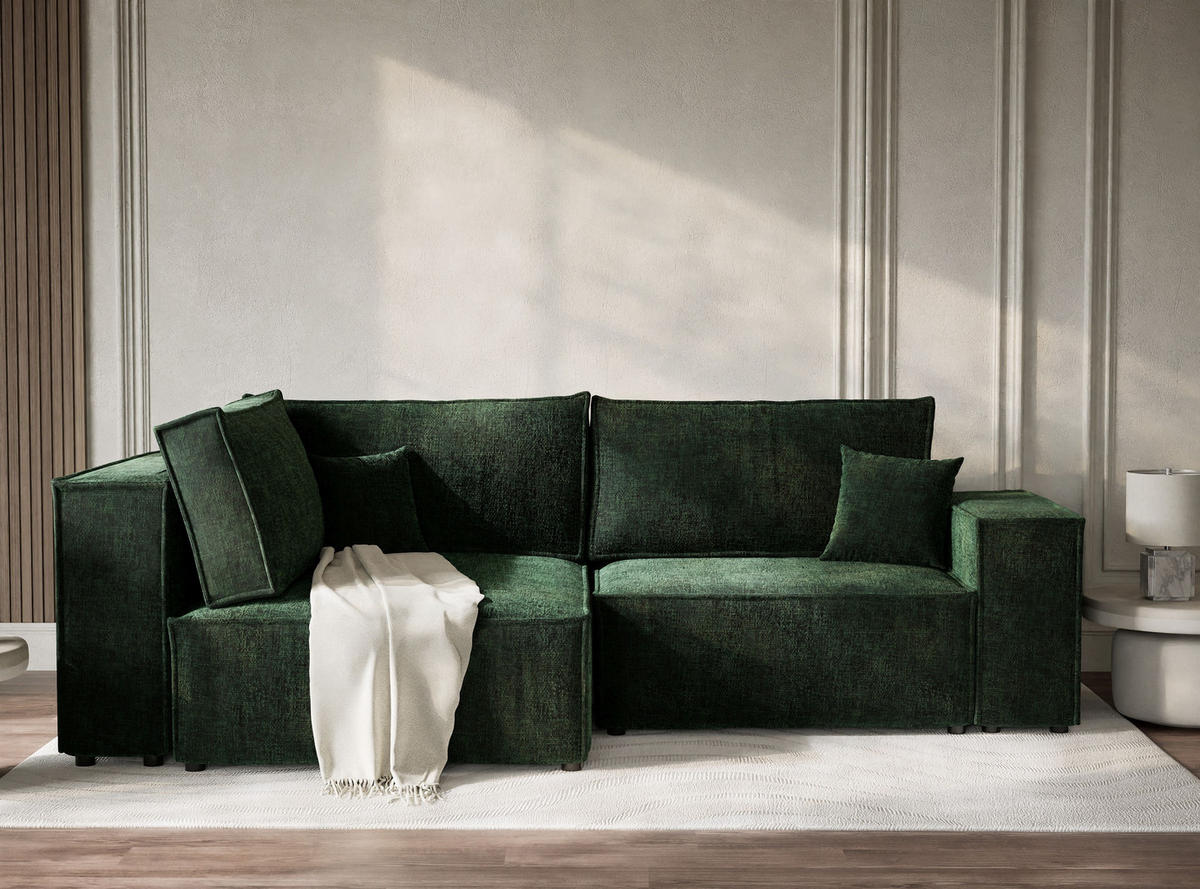 ECKSOFA MIT SCHLAFFUNKTION Tonga Dunkelgrün Chenille-Stoff - Dunkelgrün/Schwarz, Holz/Holzwerkstoff (105/225cm) - Maison de Reve