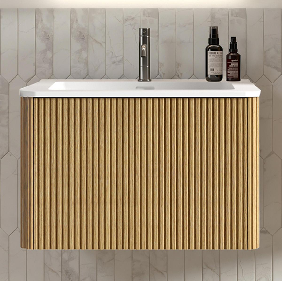 WASCHBECKEN mit Unterschrank aus MDF/Sperrholz 61x46x37 cm mit Solid Surface 60 cm Eiche, wandhängend, mit Push-to-Open-Schubladen - Eichefarben, Holzwerkstoff (61/37/46.5cm) - Modfu