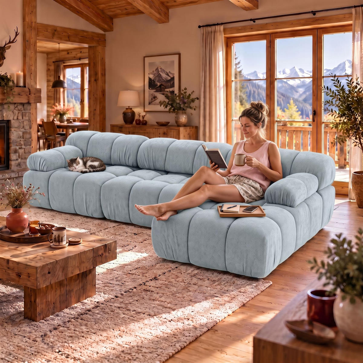 MODULARES Ecksofa MOMENTUM L, Rechts, Breite 282 cm, strukturierter Stoff, Hellblau - Chromfarben/Hellblau, Holz/Textil (155/282cm) - Muffo