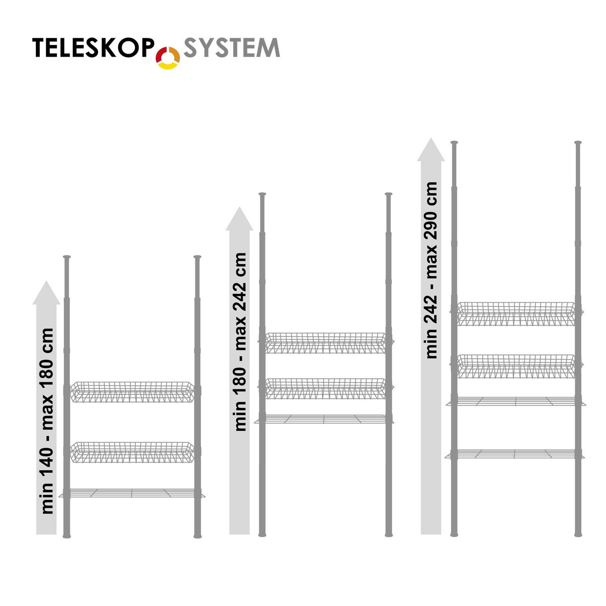 TELESKOP-REGAL, grau - Grau, Metall (71.5/290/20cm) - bremermann