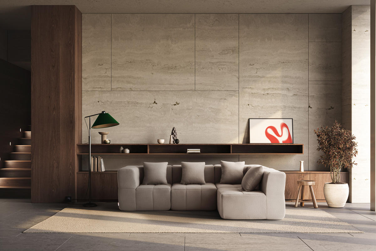 ECKSOFA Bouclé-Stoff Steinbeige - Greige, Textil (260/175cm) - MILYsofa