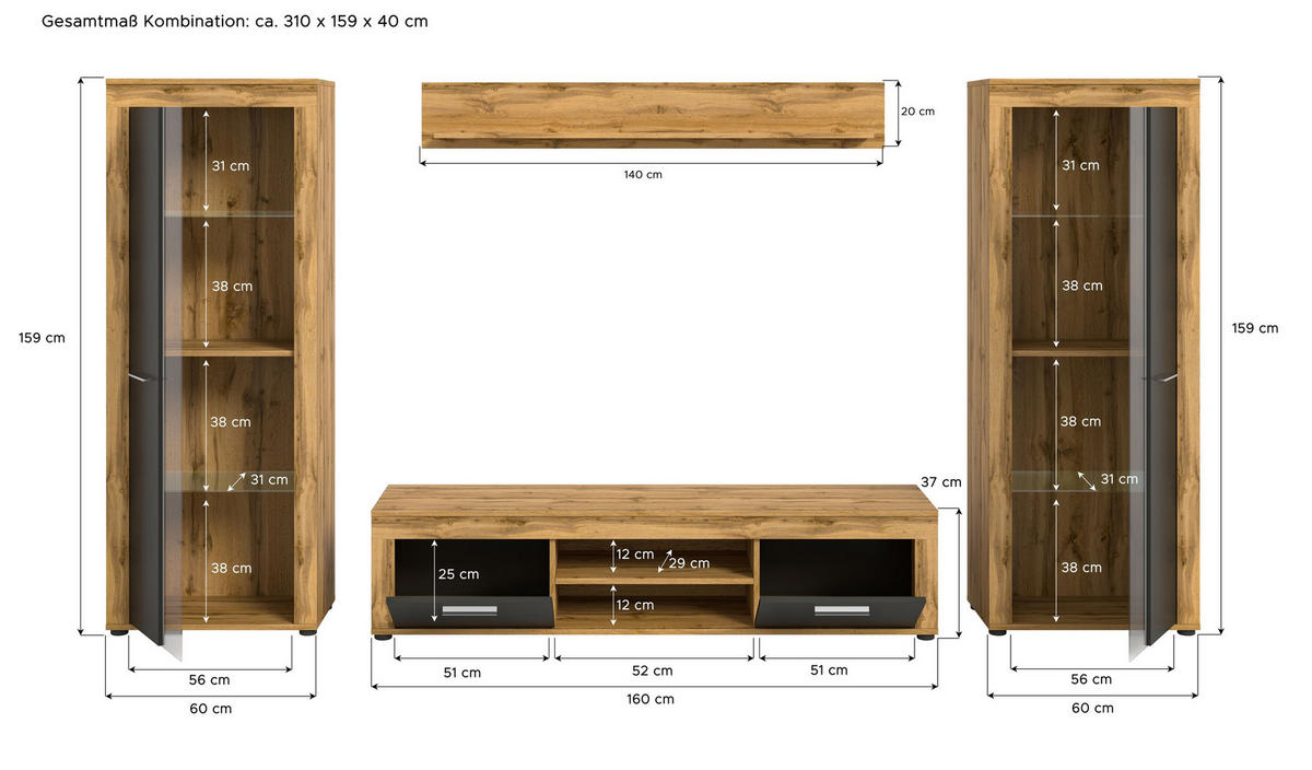 WOHNWAND Milo 4 tlg. (B/H/T: ca. 310/159/40 cm) in Wotan Eiche /grau - Eiche Wotan, Holzwerkstoff (310/159/40cm)