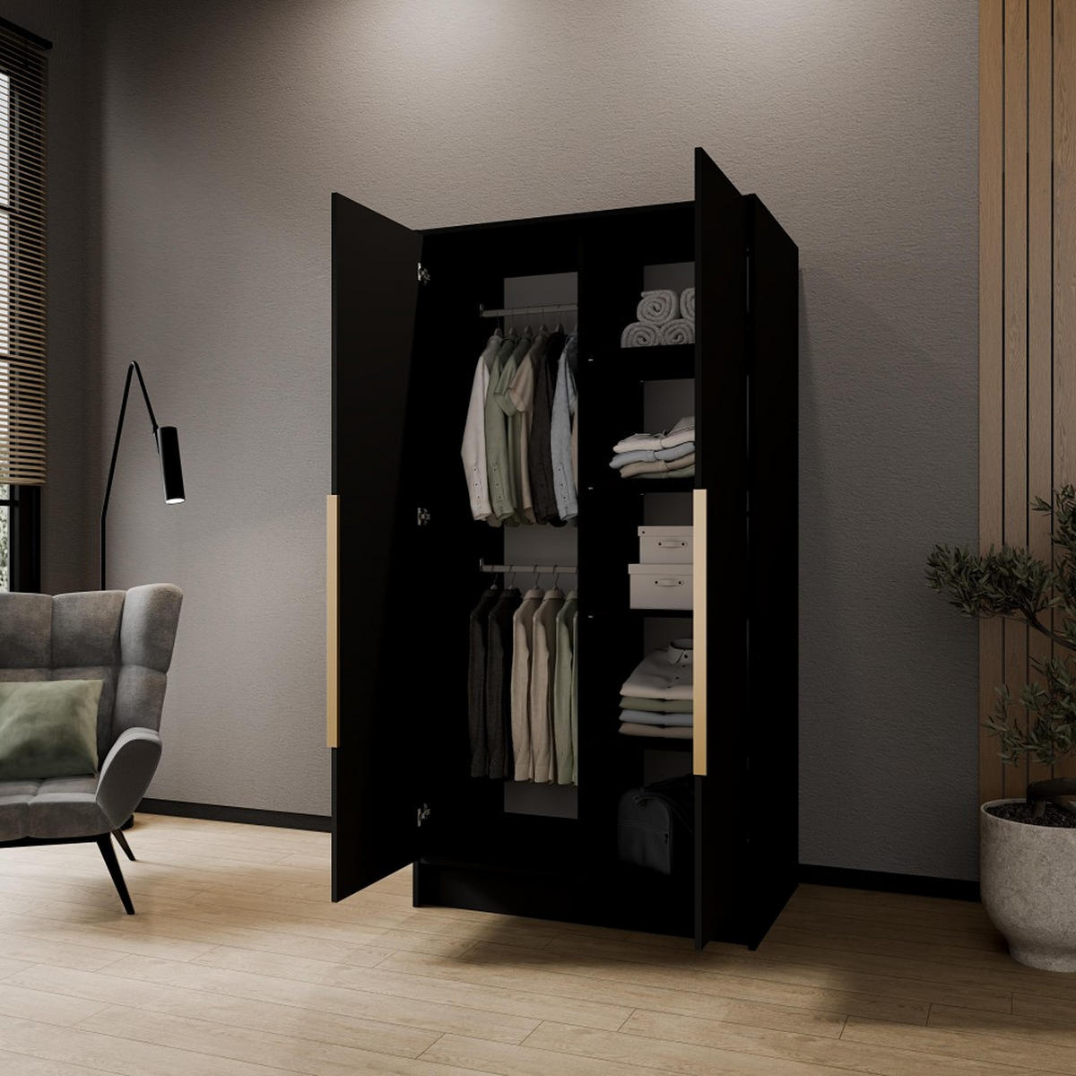 DREHTÜRENSCHRANK Pavia ohne Spiegel, Schwarz mit goldenen Griffen, 100 cm - Goldfarben/Schwarz, Holzwerkstoff (100/200/51cm) - Beautysofa