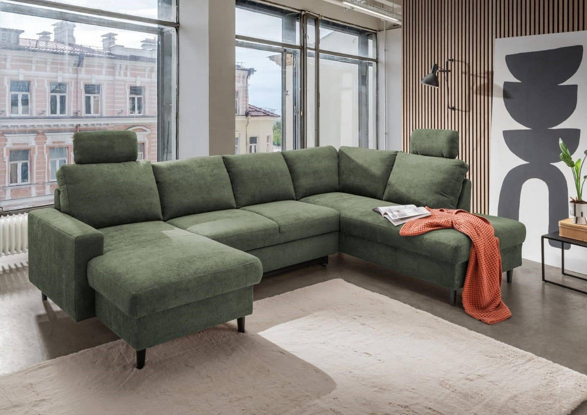 WOHNLANDSCHAFT mit Schlaffunktion und Bettkasten - Dunkelgrün/Schwarz, Kunststoff/Textil (200/88/305cm) - myHomelando