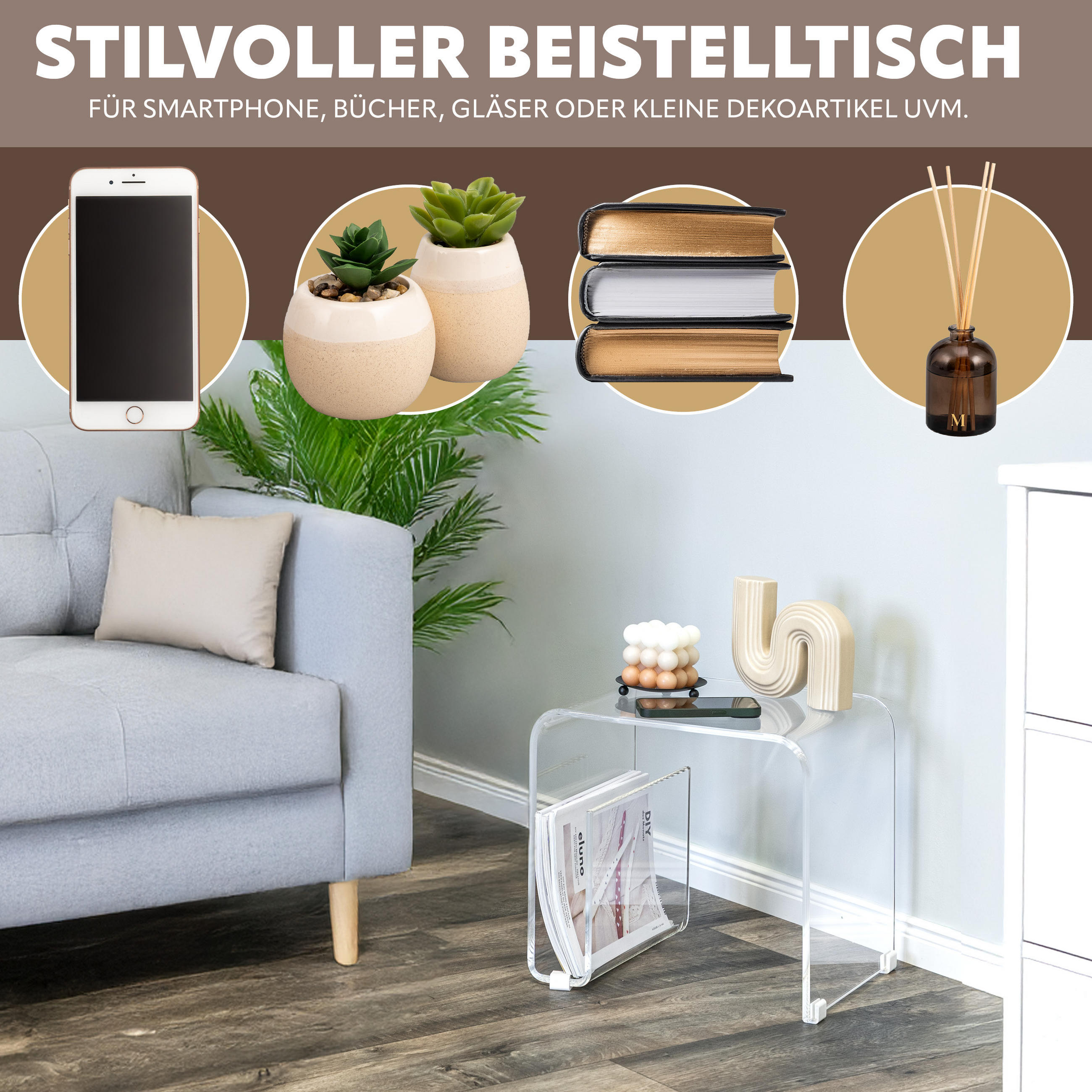 BEISTELLTISCH MIT MAGAZINHALTER Acryl transparent - Transparent, Kunststoff (30/38.5/35.5cm) - eluno