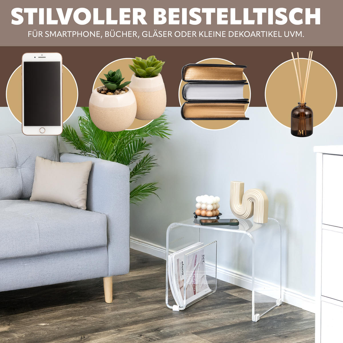 BEISTELLTISCH MIT MAGAZINHALTER Acryl transparent - Transparent, Kunststoff (30/38.5/35.5cm) - eluno