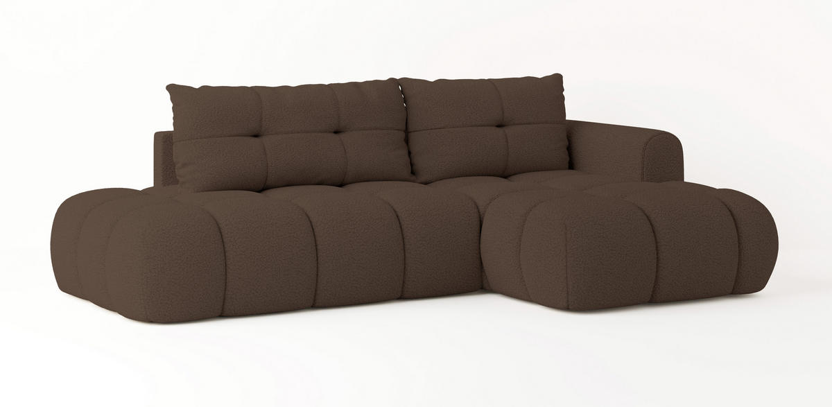 ECKSOFA FLUMA R-S Braun Boucle-Stoff mit Schlaffunktion - Braun, Holz (274/165cm) - MASSENO