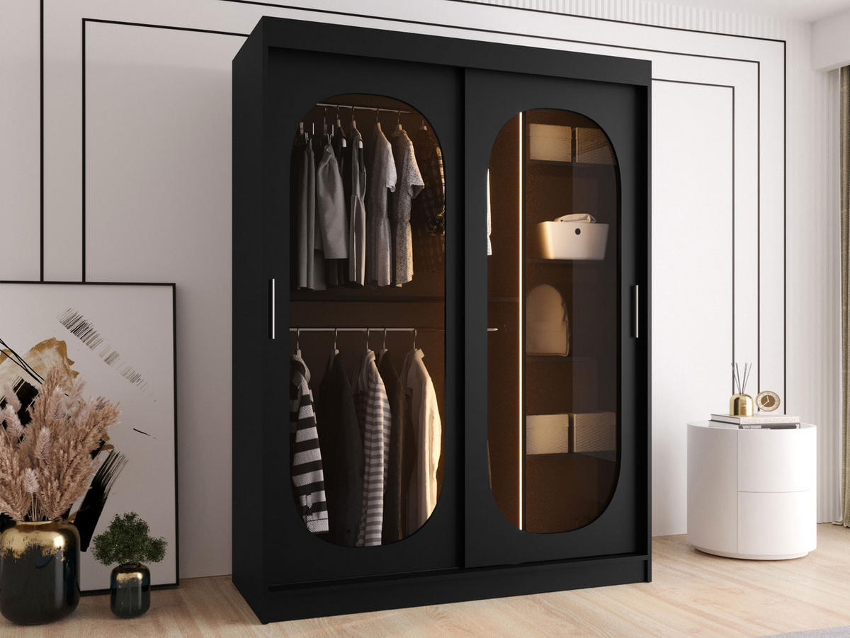 SCHWEBETÜRENSCHRANK Bahrajn 150 mit LED Beleuchtung - Silberfarben/Schwarz, Holzwerkstoff/Kunststoff (150/200/62cm) - MIRJAN24