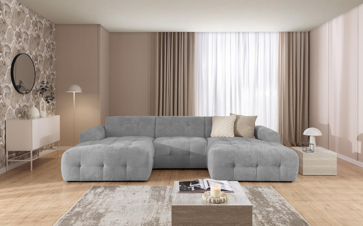 WOHNLANDSCHAFT Kozy im Bumpy-Design mit fester Rückenlehne aus weichem Hellgrau Chenille-Stoff - Hellgrau/Schwarz, Holz/Kunststoff (323/79/161cm) - S-Style Möbel