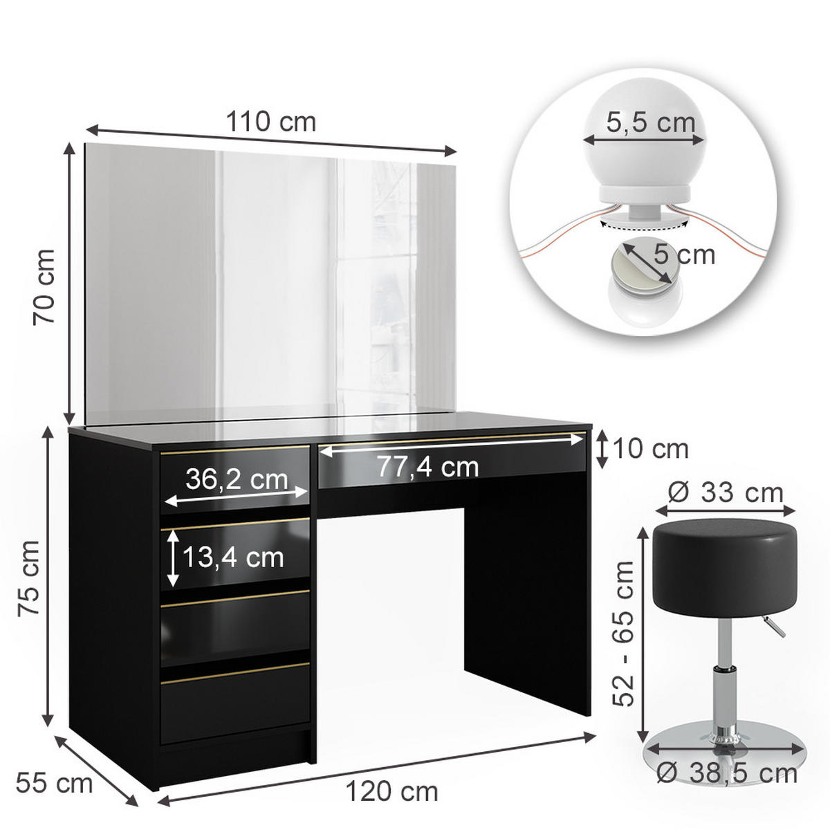 SCHMINKTISCH Sherry Schwarz/Gold 120 cm mit LED Beleuchtung und Hocker - Goldfarben/Schwarz, Holzwerkstoff (120/75/55cm) - Vicco