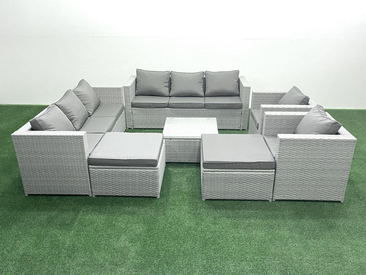 GARTENMÖBEL-SET mit Kissen Polyrattan Hellgrau-Mix 10-Sitzer - Hellgrau/Grau, Glas/Kunststoff - Fimous