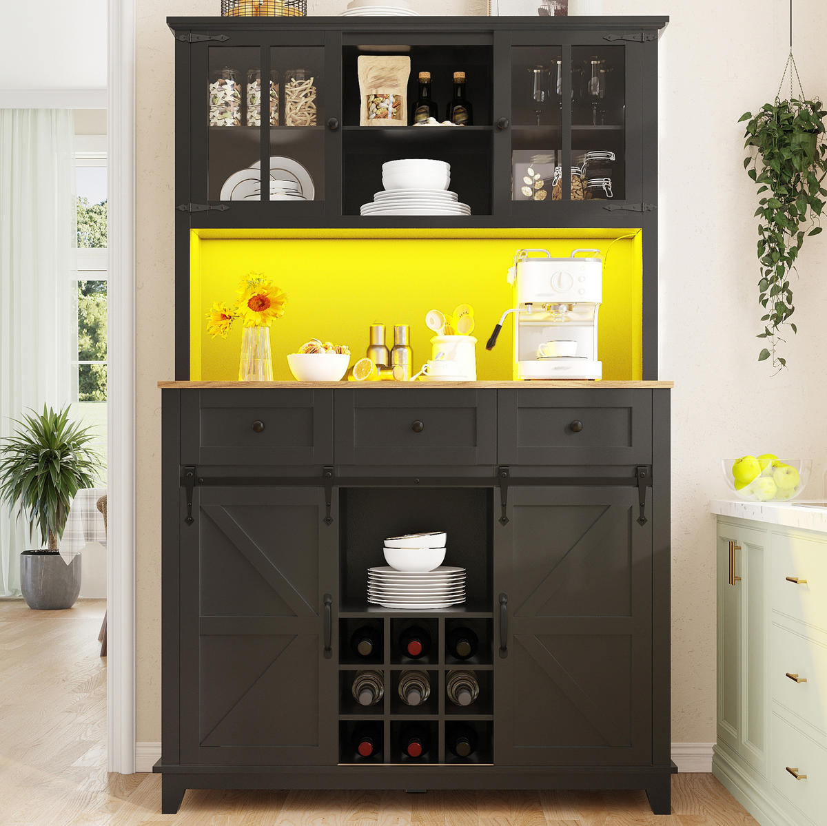 BUFFET 105/180/38,4 cm Schwarz aus MDF mit LED-Beleuchtung - Schwarz, Holzwerkstoff (38.4/180/105cm) - OKMYHOME