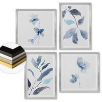 WANDBILDER 4er Set - 50x50 cm & 40x60 cm Silberner Rahmen - Aquarell von blauen Blättern - Silberfarben, Kunststoff (50/50cm) - ArtPrintCave