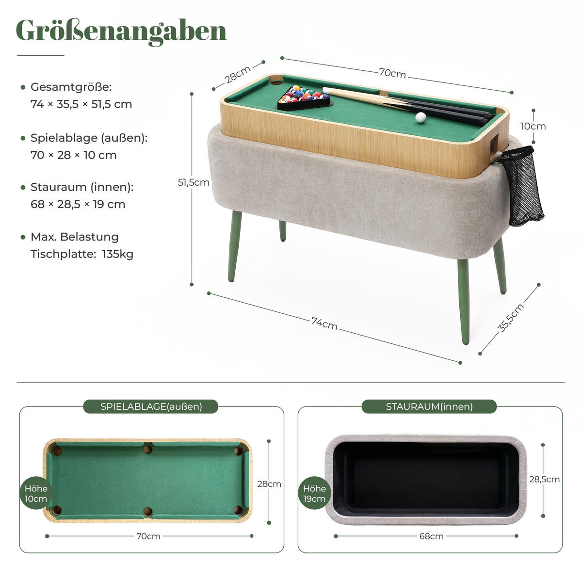 SITZBANK mit Stauraum, Polsterbank mit Mini-Billard, Beige - Grau, Holzwerkstoff (35.5/47/77.5cm) - Hometopia