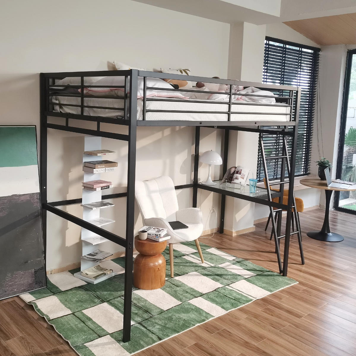 HOCHBETT Metall Schwarz 140x200 cm – Loftbett mit Arbeitsbereich, Leiter und Sicherheitsgeländer - Schwarz, Metall (145.5/201cm) - Meubles Cosy