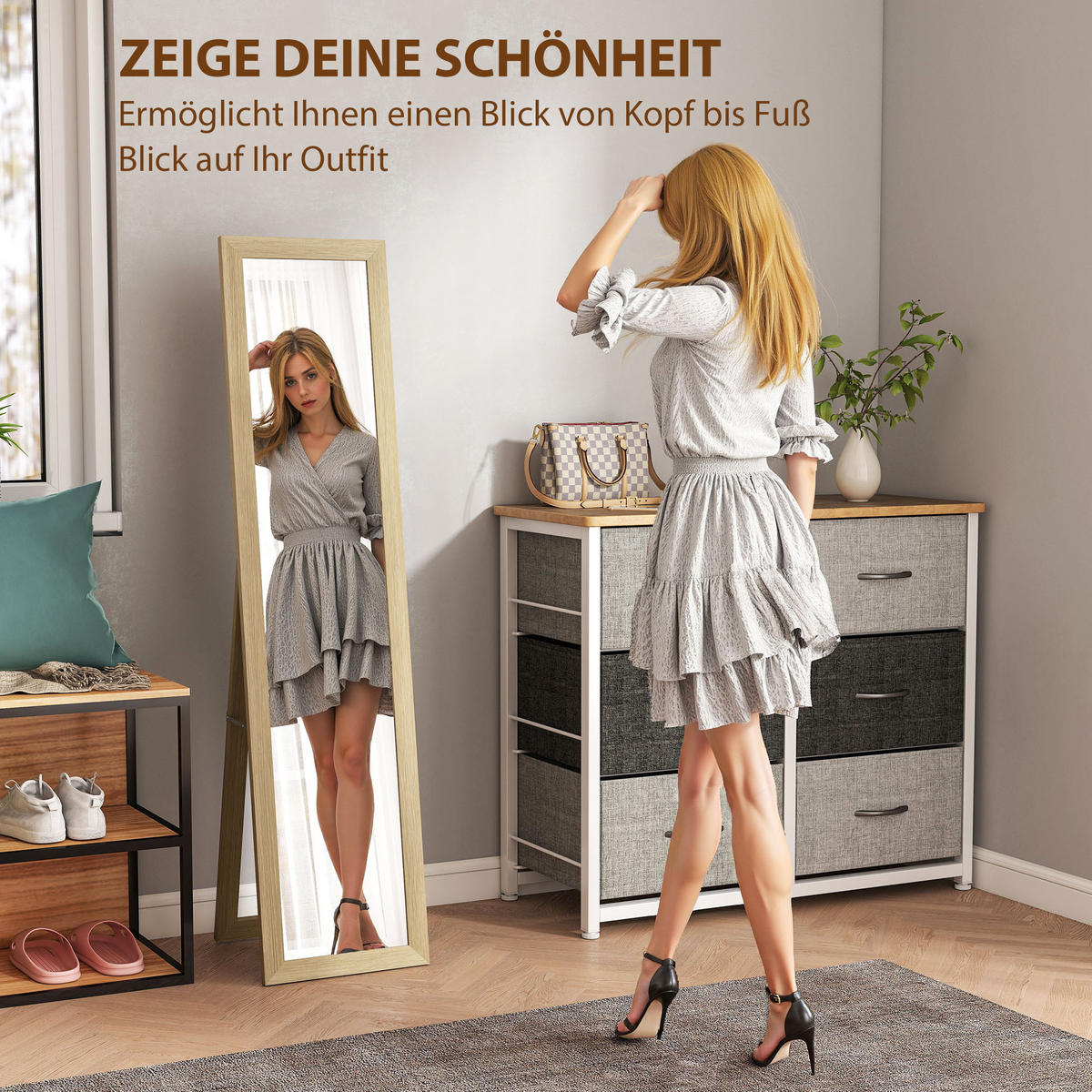 STANDSPIEGEL, Ganzkörperspiegel mit Ständer, freistehender Wandspiegel, Eiche - Naturfarben, Glas (3.8/157/37cm) - HOMCOM