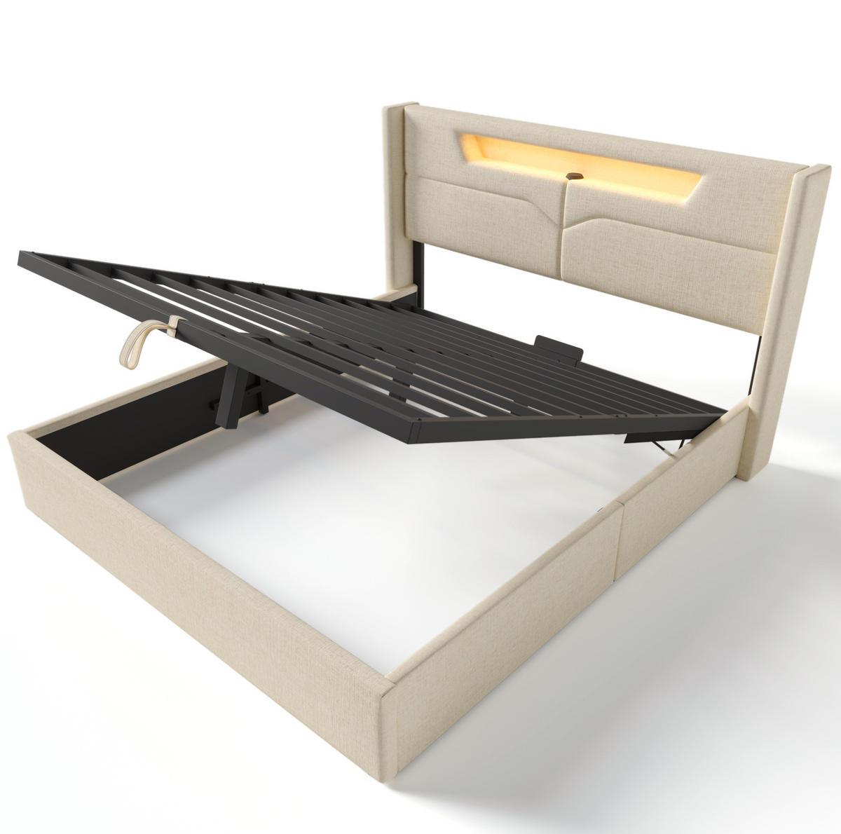 POLSTERBETT 160/200 cm aus Leinen mit LED und USB-C Ladefunktion Beige - Beige, Textil (160/200cm) - Modenvie