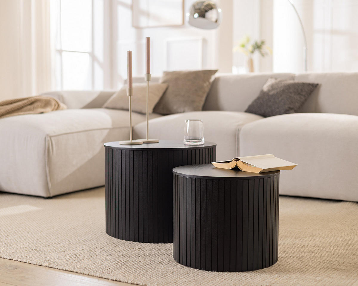 COUCHTISCH - 2er-Set - Echtholzfurnier - Eschefarben/Schwarz, Holzwerkstoff (49/49/38cm) - home24