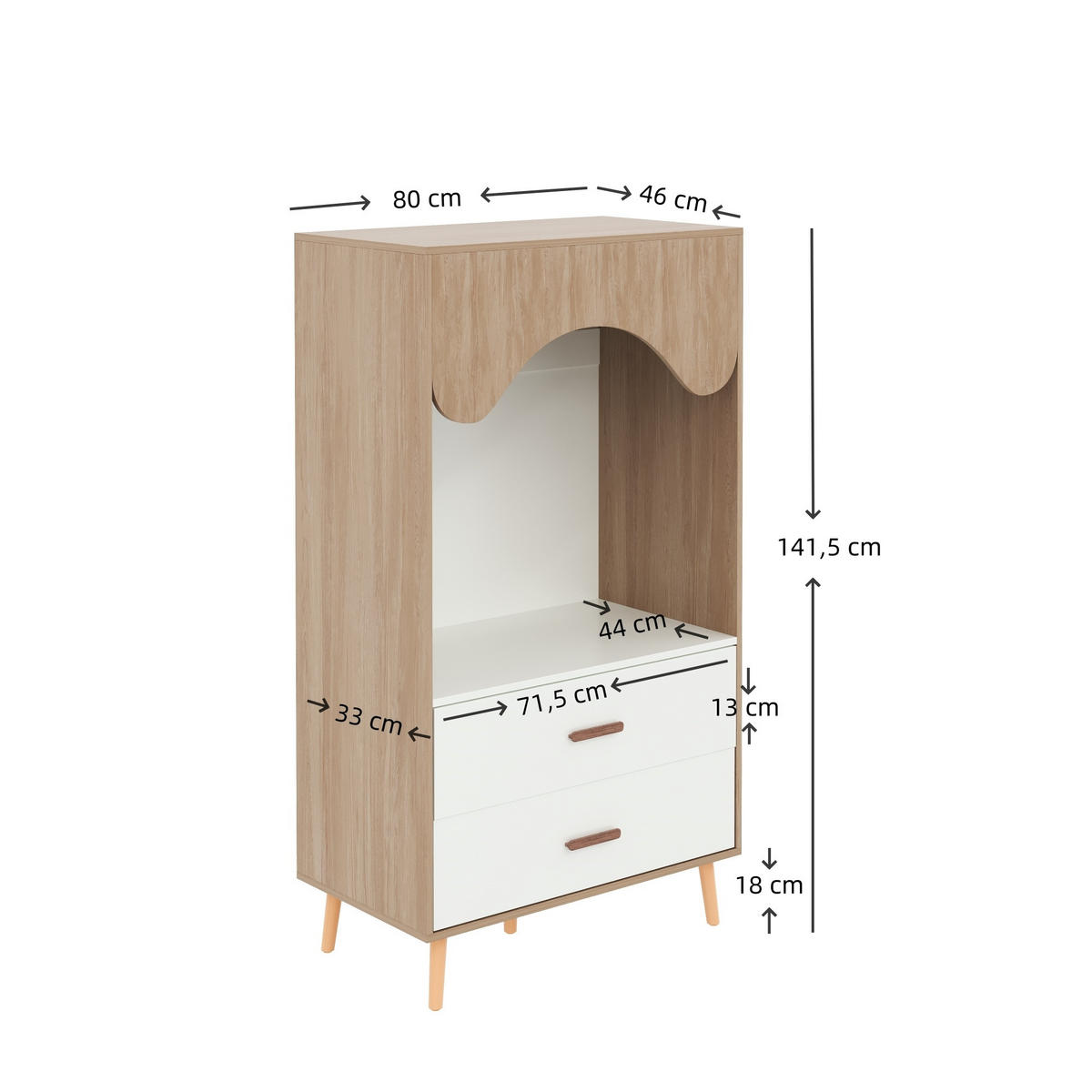 KINDERREGAL in Weiß und Naturfarben Kleiderschrank mit Kleiderstange und Schubladen für Kinderzimmer, B80/T46/H141.5cm - Naturfarben/Weiß, Holz/Holzwerkstoff (80/141.5/46cm) - STILVORA