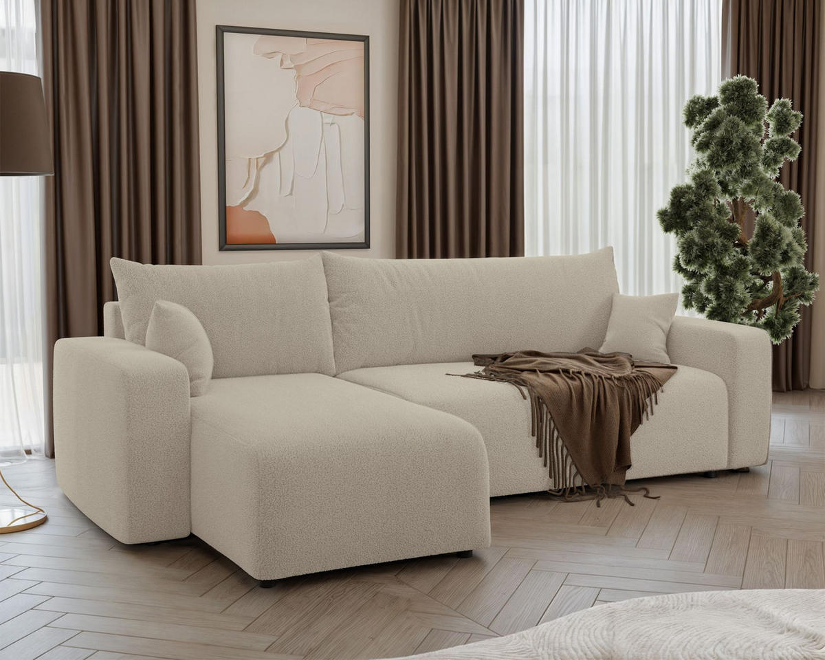 ECKSOFA Pianoni Hellbeige Bouclé-Bezug - Ecru/Schwarz, Kunststoff/Textil (244/140cm) - Selsey