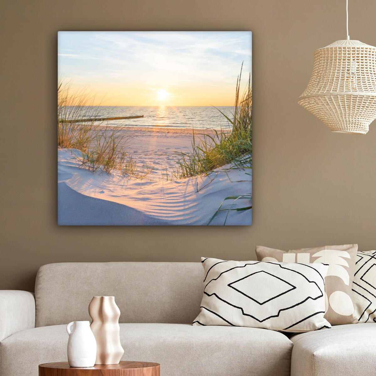 LEINWANDBILD Strand - Sonne - Düne - Gras - Sand - Horizont 90x90 cm - Hellblau, Textil (90/90cm) - MuchoWow