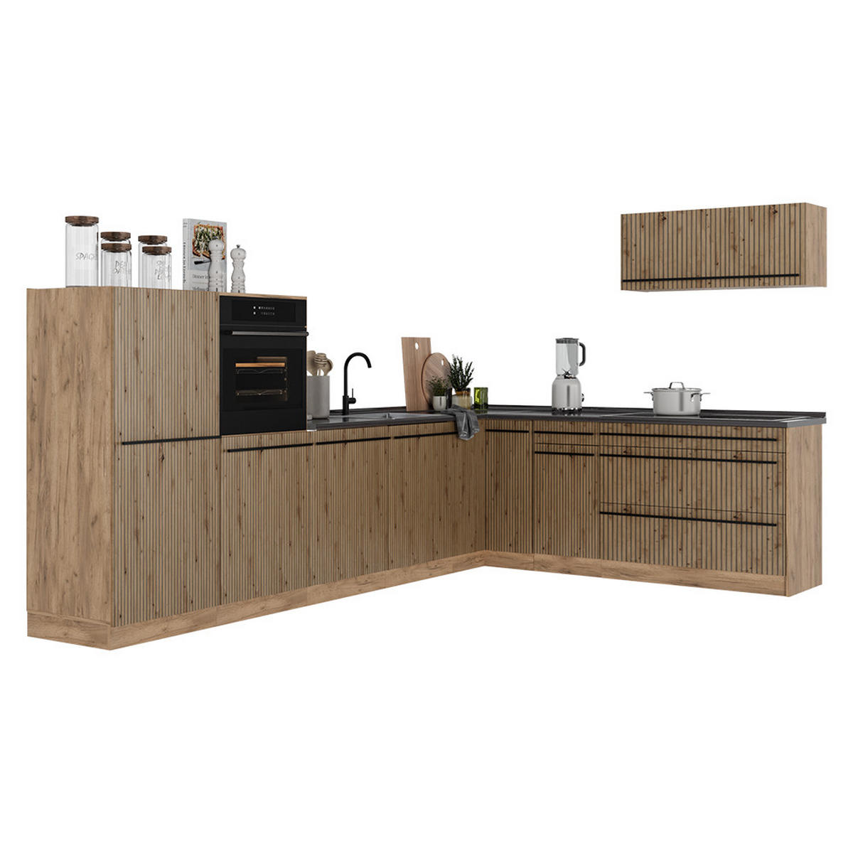 ROHOVÁ KUCHYŇA R-Line, Remeselný dub/Dub Goldkraft, 327 x cm antrasiitti työtaso - dub medový/dub artisan, kompozitné drevo (327/143/60cm) - Vicco