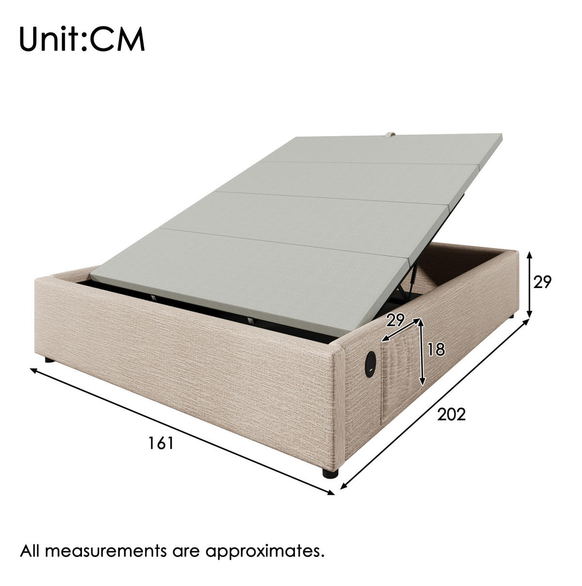 BETT mit Stauraum und USB/Type-C 160x200 cm Leinen Beige Natur - Beige, Metall (160/200cm) - Meubliv