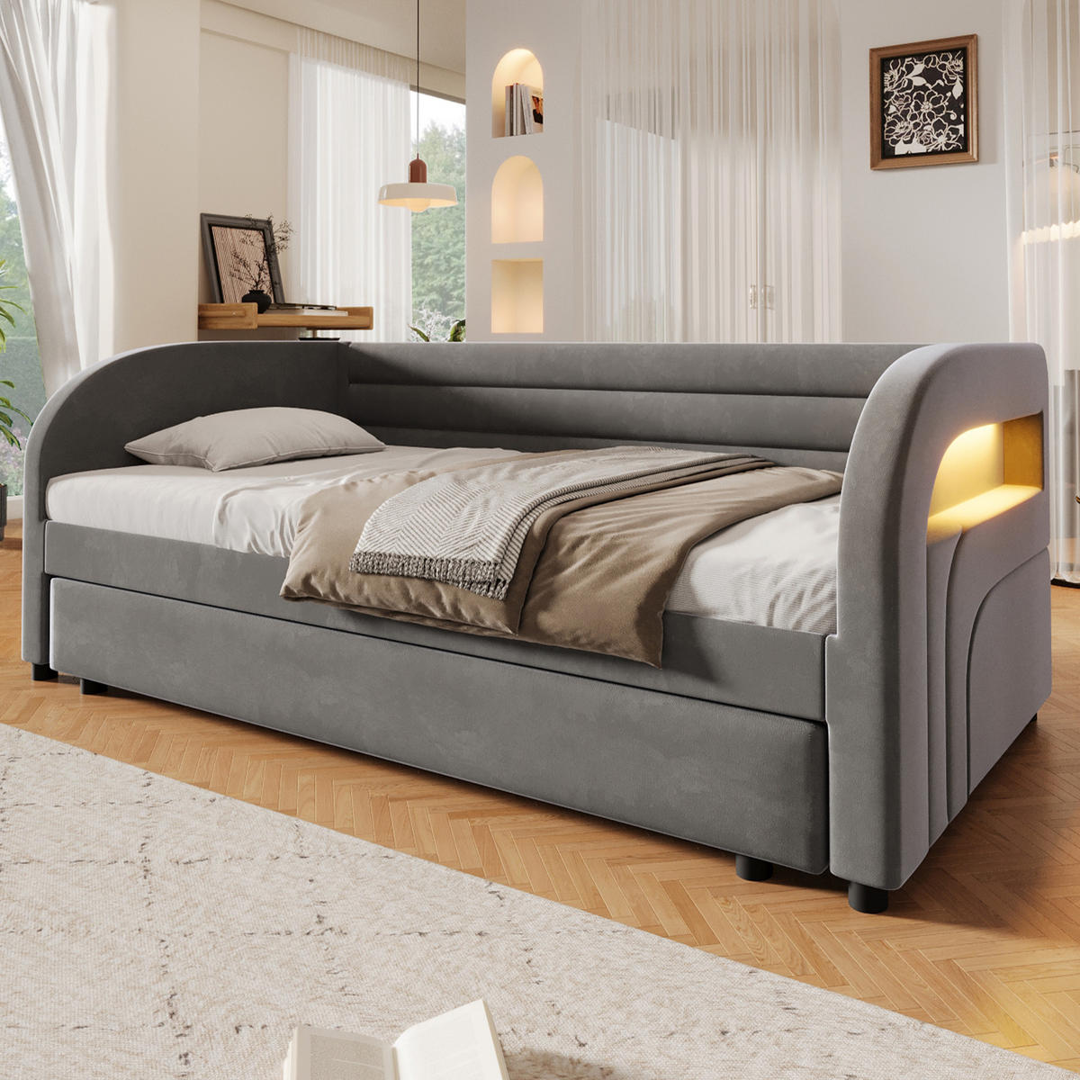 ČALOUNĚNÁ POSTEL 90/200 cm v šedé barvě s výsuvným lůžkem a LED - šedá, kov/kompozitní dřevo (90/200cm) - CHICFURN
