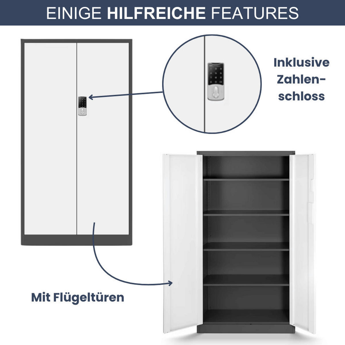 METALLSCHRANK abschließbar ODIS mit Zahlenschloss 185x90x40cm Anthrazit-Weiß - Anthrazit, Metall (90/185/40cm) - DELUKE