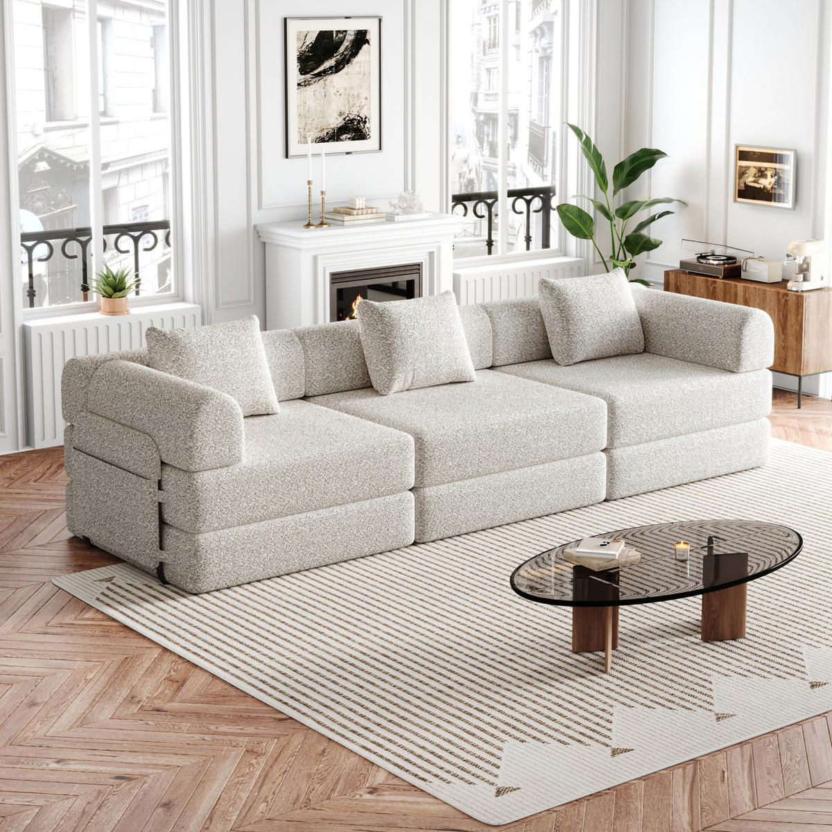 SCHLAFSOFA 2-in-1, Chenille mit Armlehnen-Staufach & Stahlrahmen, 91,4/274/69,8 cm, Beige - Beige, Textil (91.4/69.8/274cm) - Redom