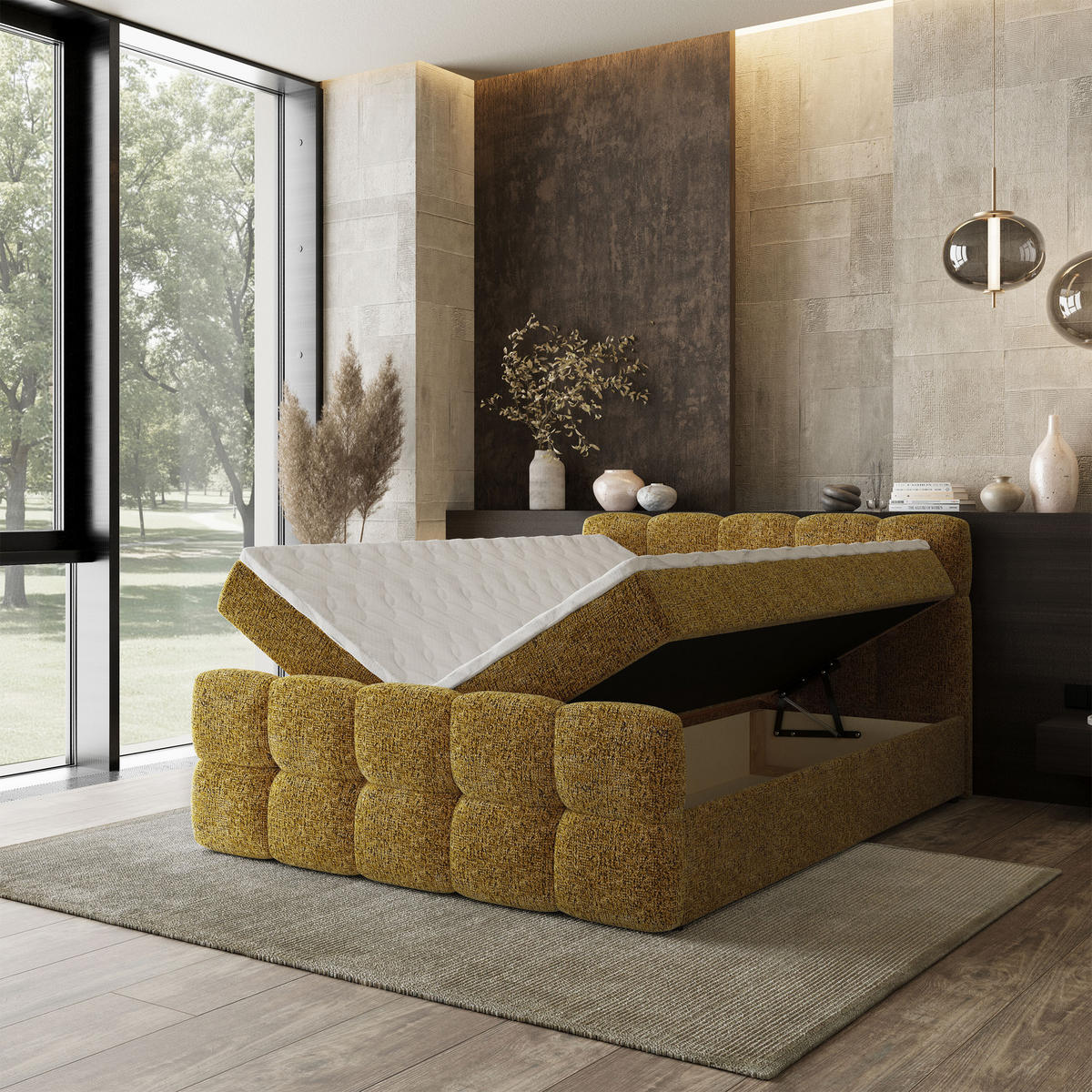 BOXBETT BRUME 160x200 cm mit Matratze und Topper, H2+H3 - Gelb - Gelb, Holz (160/200cm) - MASSENO