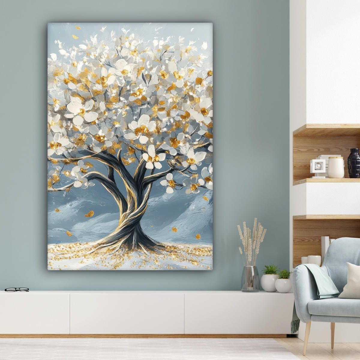 SLIKA NA PLATNU Drevo 90x140 cm - zlate barve, tekstil (90/140cm) - MuchoWow