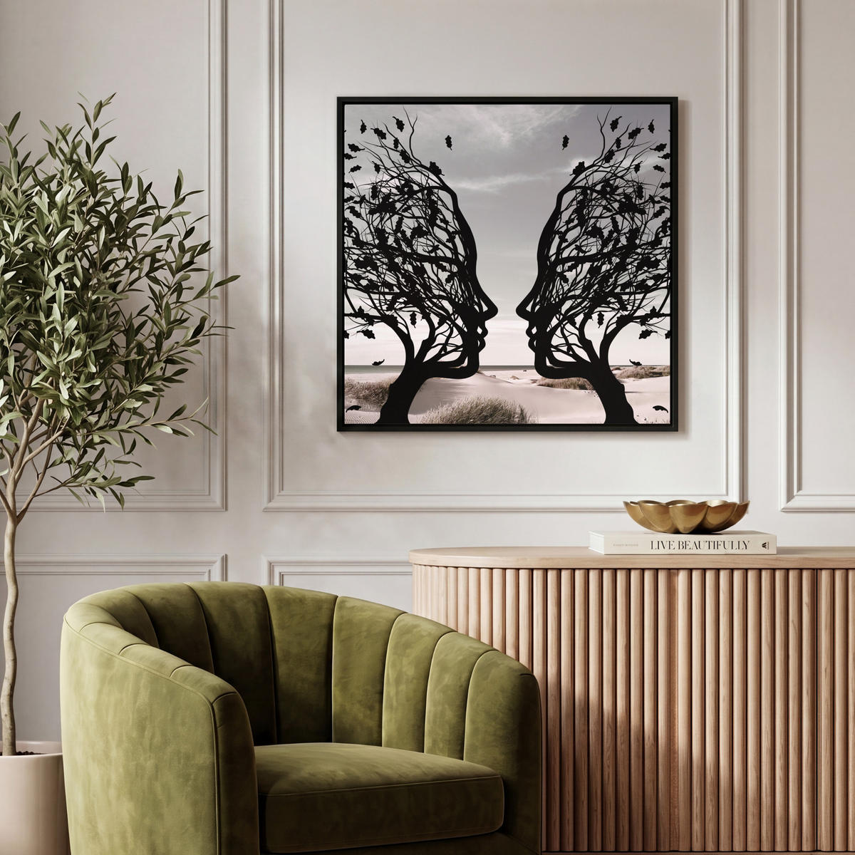 LEINWAND Bilder mit Rahmen - Strand - Meer - Menschen - Baum - Moderne Kunst - 50x50 - Hellgrau, Textil (50/50cm) - MuchoWow