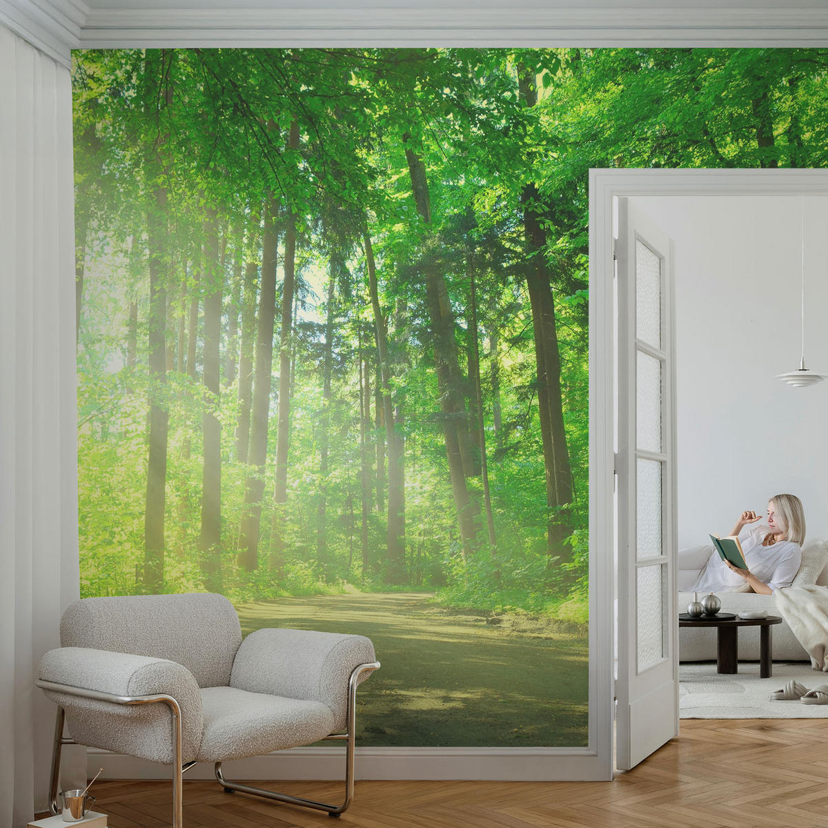 FOTOTAPETE 104x70 cm - Waldweg - Grün, Textil (104/70cm) - Wallfluent