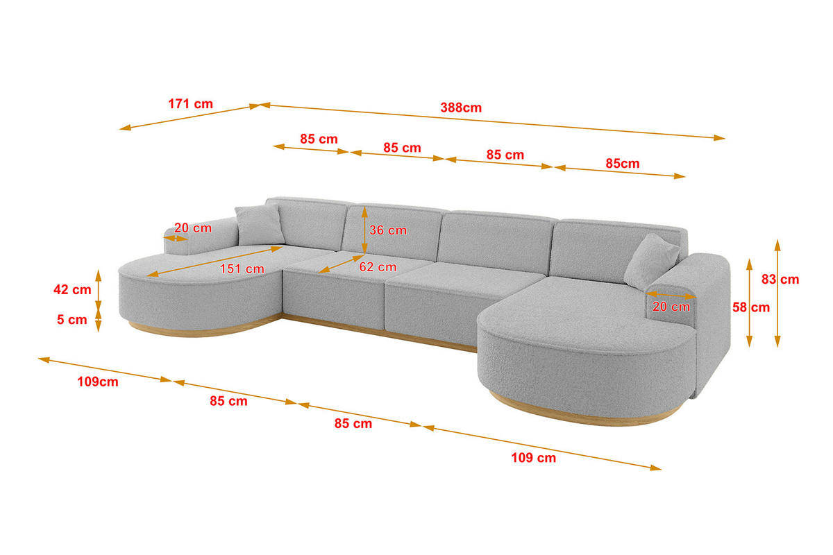 WOHNLANDSCHAFT MARI-U2-v2 - 388x171x83 cm Hellgrau Bouclé - Hellgrau, Holzwerkstoff/Textil (388/83/171cm) - ALTDECOR